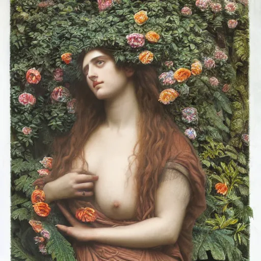 Prompt: Pre-Raphaelite goddess of nature in the style of John William Godward, close-up portrait, in focus, flowers and plants, moody, intricate, mystical