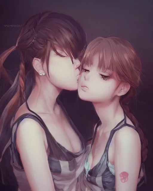 Image similar to portrait of two girls kissing, anime, drawn by WLOP, trending on Artstation