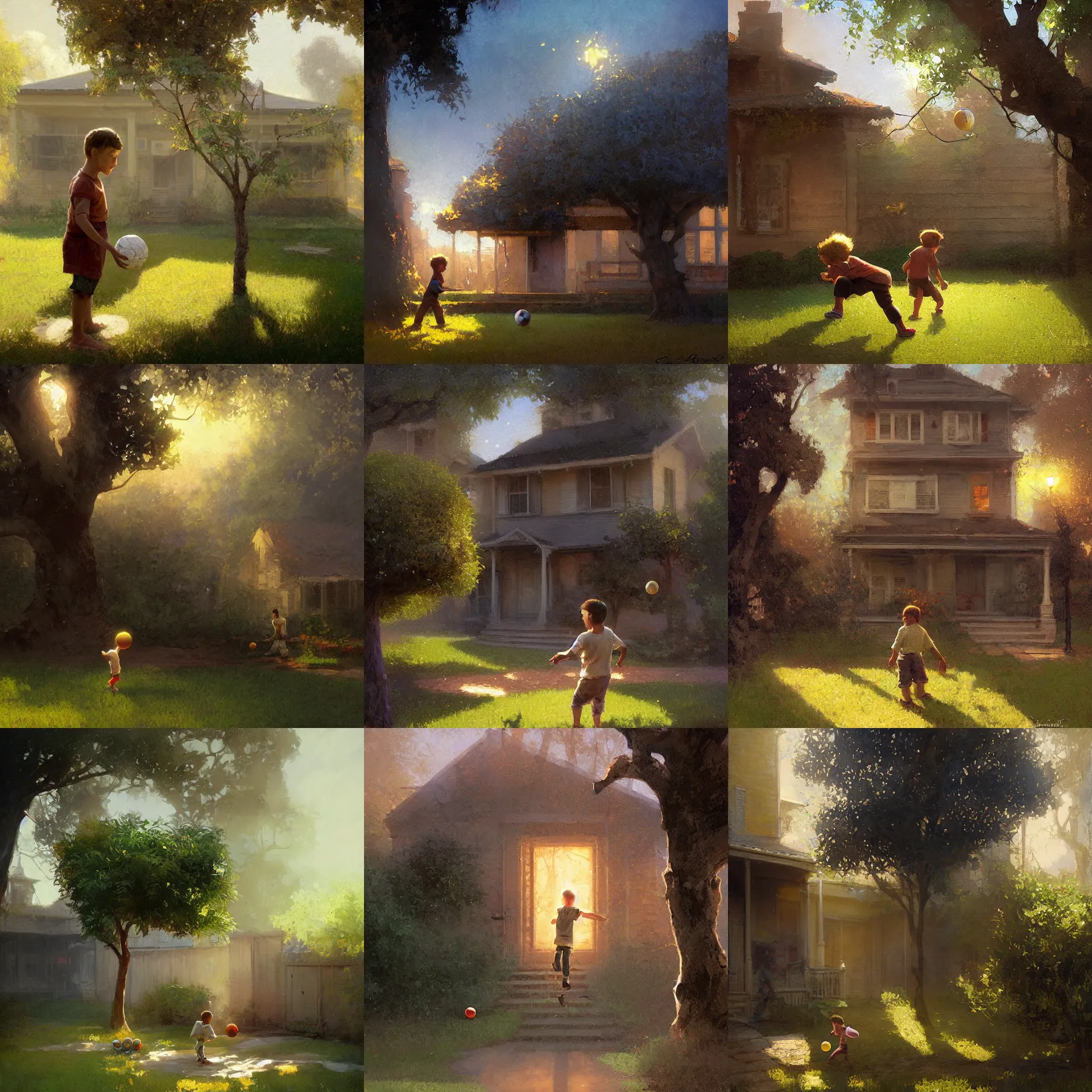 Prompt: digital art painting of a young boy playing with a ball on the front yard with a single tree in the middle of a stereotypical house painted by craig mullins and gaston bussiere and greg rutkowski, dramatic lighting, close up