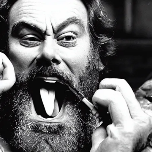 Image similar to film still close up shot of brian blessed swallowing a fish whole