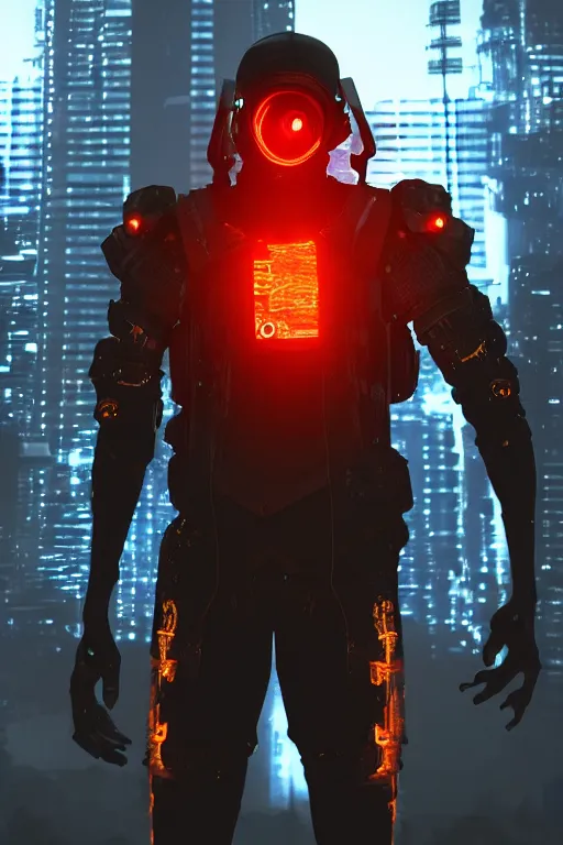 Prompt: Cyberpunk Flame Suit, fantasy, photorealistic, glowing eyes, 4k, cinematic lighting