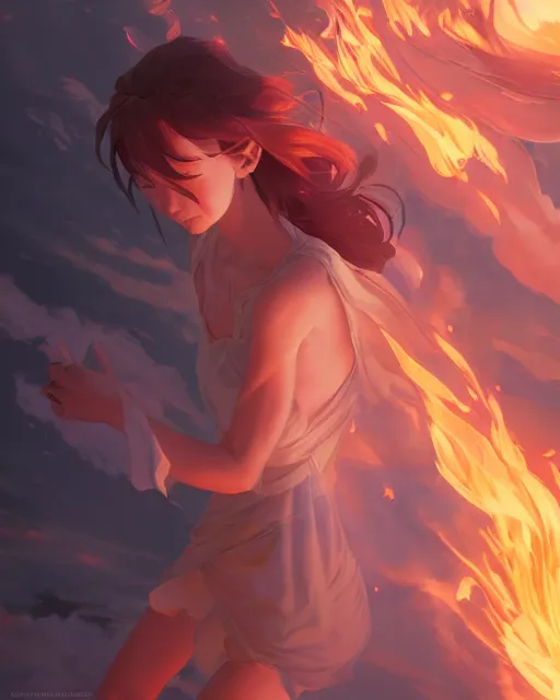 Image similar to the goddess of fire, spunk and intense beauty, full shot, atmospheric lighting, detailed face, by makoto shinkai, stanley artgerm lau, wlop, rossdraws