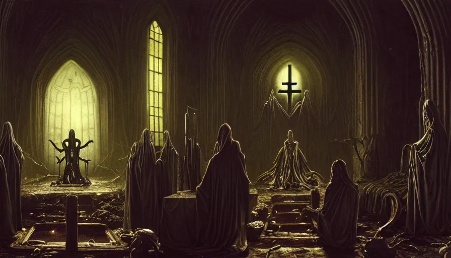 Prompt: a dark rotting alien priest conducts a ceremony, alien church, runes on the walls of the church, religion, death, fear, horror, ultra realistic, hyperrealism, fine details, detailed and intricate environment, by barlowe, by wayne, by caravaggio, 4 k