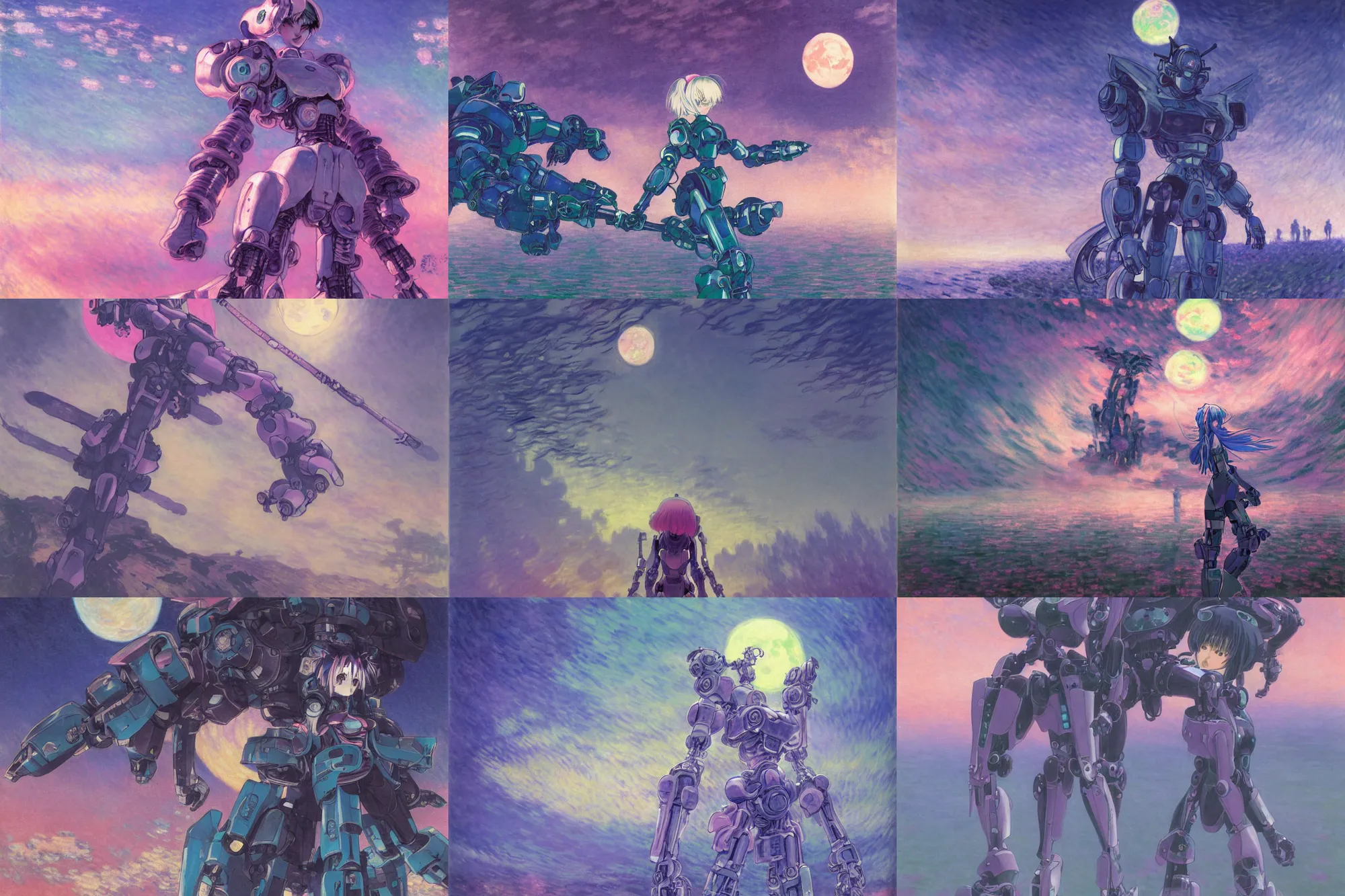 Prompt: gloomy eerie Masamune Shirow mecha retro anime girl in a blue landscape at night. the sea is pink. bright moon in the sky, moonlight in the darkness, Yoshitaka Amano, beautiful painting by claude monet, highly detailed textured 8k