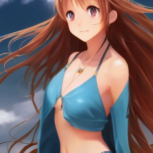 Prompt: a very beautiful young yuuki asuna, full body, long wavy blond hair, sky blue eyes, full round face,, bikini, miniskirt, front view, mid - shot, highly detailed, cinematic wallpaper by stanley artgerm lau