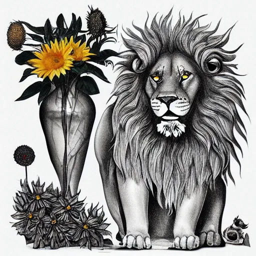 Image similar to lions and sunflowers 🌻🌫 in the style of salvador dali