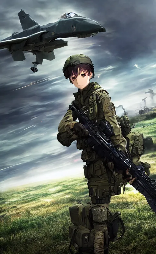 Image similar to girl, trading card front, future soldier clothing, future combat gear, realistic anatomy, war photo, professional, by ufotable anime studio, green screen, volumetric lights, stunning, military camp in the background, metal hard surfaces, anime eyes, generate realistic face, strafing attack plane