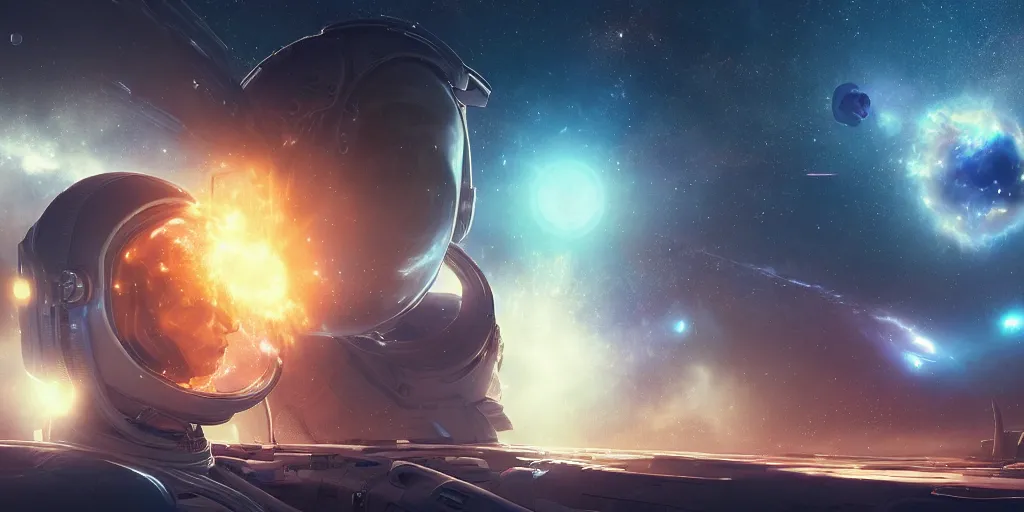 Image similar to 3 d render of an astronaut exploring a supernova, by mark kolobaev and greg rutkowski and ross tran, ultra high definition, ultra detailed, intricate, sharp focus, symmetry, sci - fi, fantasy, neon, galaxies, stars, space, octane, cgsociety, artstation, cinematic lighting, portrait, james webb