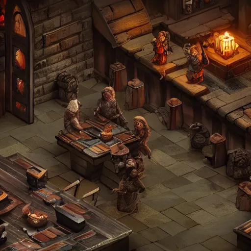 Prompt: Isometric D&D tabletop game miniature tavern, orc themed, dark, evil looking, very realistic, cinematic lighting, CGI render, trending on artstation