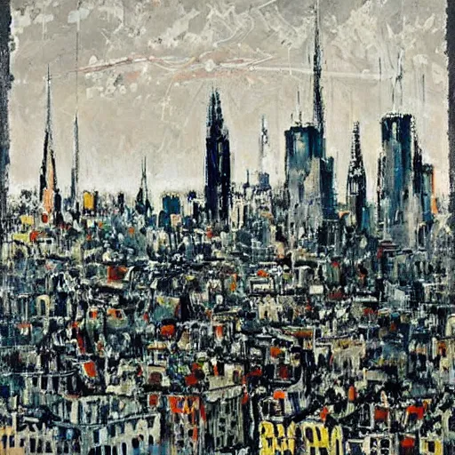 Image similar to A beautiful print of a cityscape with tall spires and delicate bridges. grey by Jackson Pollock angular