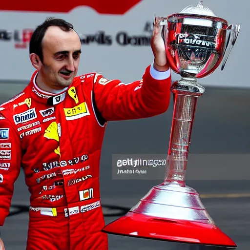 Image similar to Robert Kubica wearing a Ferrari uniform holding a F1 driver championship trophy, news photography, detailed, in focus