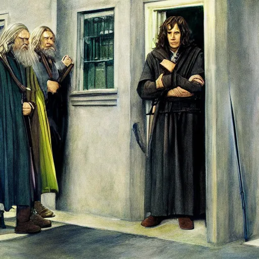 Prompt: the fellowship of the ring, gandalf, frodo, aragorn, legolas, by edward hopper