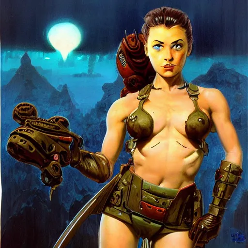 Image similar to A mixed media portrait painting of a very beautiful dwarf warrior girl, sweat, aesthetic symmetrical face and eyes, photorealistic, model, wet, starship-troopers, pacific-rim-mech in background, eighties pinup style, by Frank Frazetta, Boris Vallejo, Beeple, Greg Rutkowski, Christian MacNevin, epic fantasy character art, high fantasy, CGsociety, exquisite detail, post-processing, masterpiece, cinematic