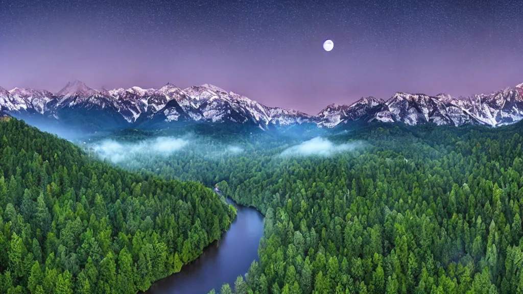 Prompt: Panoramic photo where the mountains are towering over the valley below their peaks shrouded in mist. The moon is just peeking over the horizon and the sky dark purple. The sky is blanketed with shiny stars. The river is winding its way through the valley and the trees are a vivid green