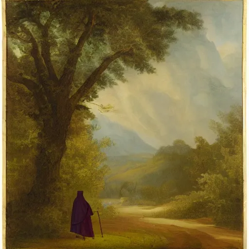 Prompt: a man in a cloak with a staff travelling trough the forest, neo-romanticism
