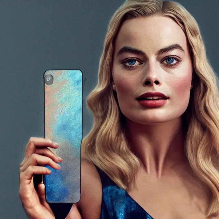 Image similar to margot robbie, holding iphone. very coherent symmetrical artwork. cinematic, high detail, octane render, 8 k, iridescent accents