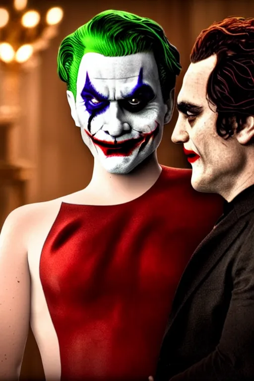 Image similar to joaquin phoenix joker with harley queen lady gaga, photorealistic, smooth, 4 k, aesthetic lighting, baroque object, sharp focus, hyperdetailed, professional photography, pullitzer winning, 8 0 0 photo by : canon eos 5 d mark iv, by karah mew and adnan abidi and jodie bateman