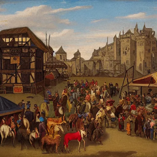Prompt: a medieval horse market, by john how