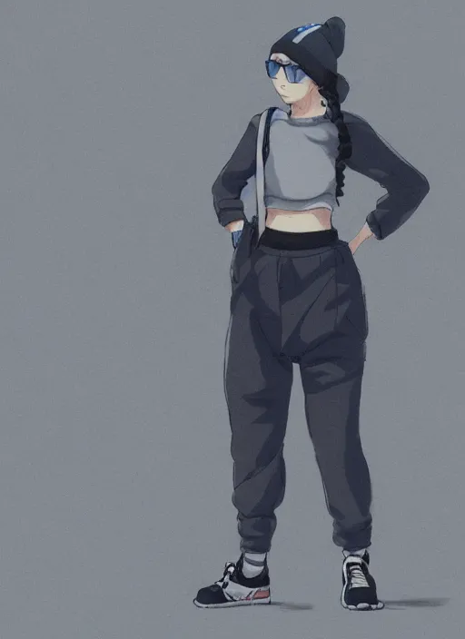 Prompt: Outfit concept of an anime girl wearing a black grey and blue crop top, rounded eyeglasses, a beanie, and sneakers grey. painted by Simon Stålenhag