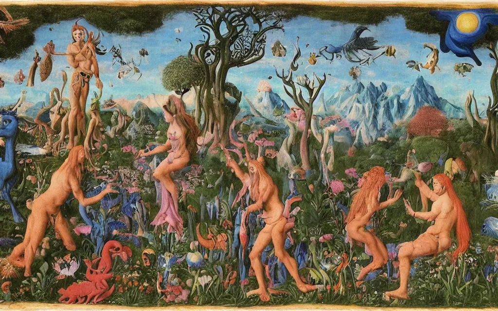 Prompt: a photograph of a meditating centaur shaman and a blue harpy mermaid feeding animals. surrounded by bulbous flowers, animals and a few trees. river delta with mountains and cliffs under a blue sky full of burning stars and birds. painted by jan van eyck, max ernst, ernst haeckel, ernst fuchs and artgerm. trending on artstation