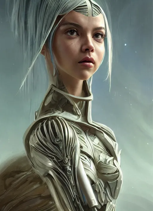 Image similar to a professional painting of a beautiful young female alien, clothed in ethereal armor, olive skin, long dark hair, beautiful bone structure, symmetrical facial features, intricate, elegant, digital painting, concept art, smooth, sharp focus, illustration, from Valerian and the City of a Thousand Planets, by Ruan Jia and Mandy Jurgens and Artgerm and William-Adolphe Bouguerea