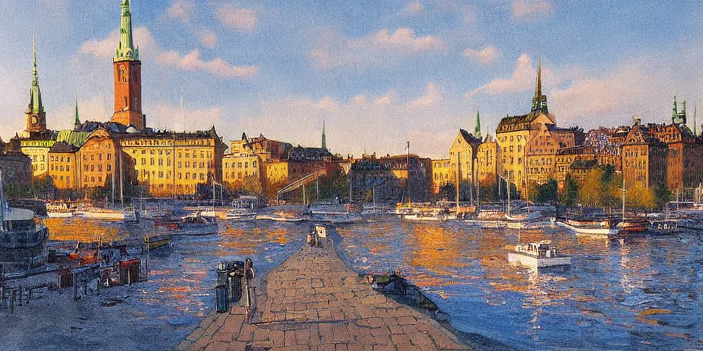 Image similar to stockholm city, volumetric lighting, spring early, nice slight overcast weather, realistic illustration, perfectly shaded, ( golden hour ), soft painting, low angle, art by sven nordqvist