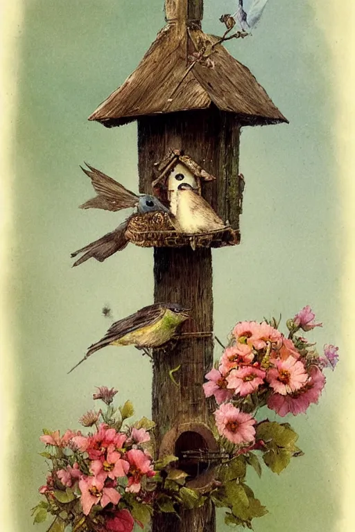 Image similar to whimsical birdhouse and flowers on a wooden pole by jean - baptiste monge