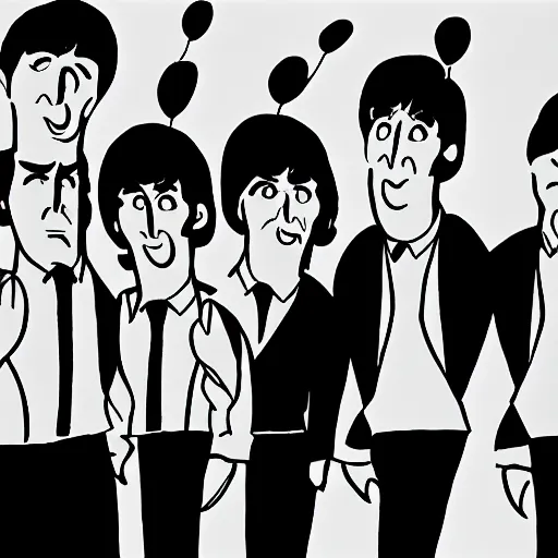 Prompt: cartoon by bob clampett about the beatles, vintage black and white film, 1 9 6 0 s