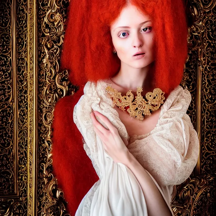 Image similar to photo portrait of a beautiful woman like a queen-ethereal-angel, dressed in long elegant intricate ornamental baroque white dress, natural skin tone, intricate fractal highly detailed baroque ornament in the upper side of breast, bust with a very long neck , elegant, highly detailed intricate baroque ornament in her red hair, Realistic, Refined, Highly Detailed, Cinematic Lighting, fine art photography by Paolo Roversi, volumetric studio lighting, hyper realistic photography
