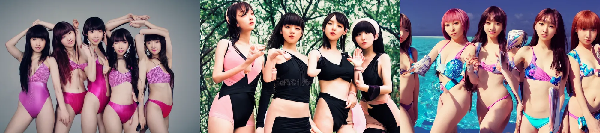 Prompt: unbelievably beautiful, perfect, dynamic, epic, cinematic 8 k hd movie shot, three beautiful cute young j - pop idols av actresses in japanese girl band, posing together in swimsuits. hollywood style, at behance, at netflix, with instagram filters, photoshop, adobe lightroom, adobe after effects, taken with polaroid kodak portra