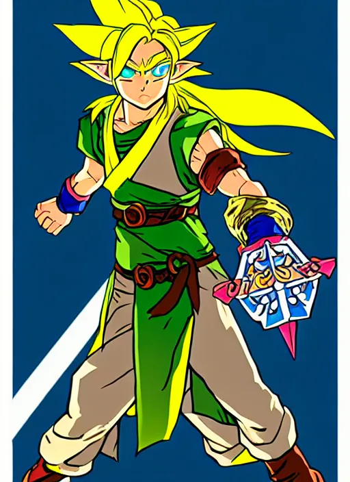 Prompt: link as the fierce diety super sayian, from the legend of zelda!! portrait illustration, pop art, splash painting, art by geof darrow, ashley wood, alphonse mucha, makoto shinkai