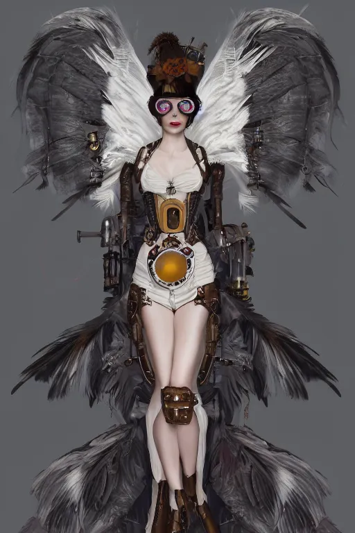 Prompt: Hepburn has a steampunk complicated body and angel white feather wings, vertical portrait, symmetrical face, f1.8, 50mm, vibrant light leaks,high detailed, trending on artstation.