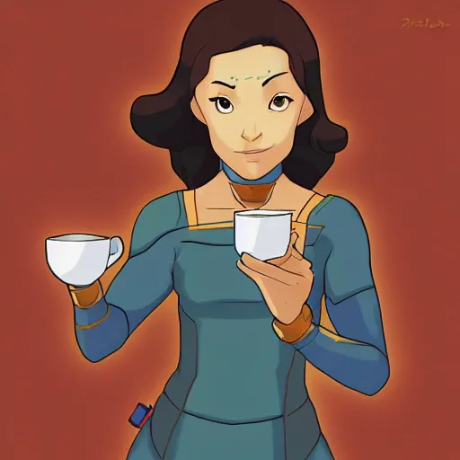 Image similar to Avatar korra drinking tea, digital art