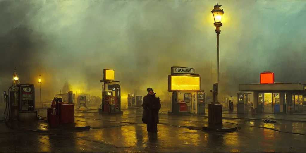 Image similar to a gas station in 1 9 4 0 with yellow and red light in the middle of the night, a men stand up next to the pump, mystical blue fog, oil on canvas, art by andreas achenbach, clemens ascher, tom bagshaw and sabbas apterus,