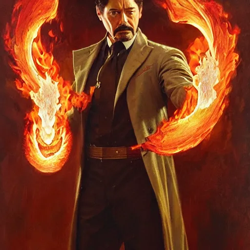 Prompt: tony stark as stunning male master wizard casting fire spell, highly detailed painting by gaston bussiere, craig mullins, j. c. leyendecker, 8 k