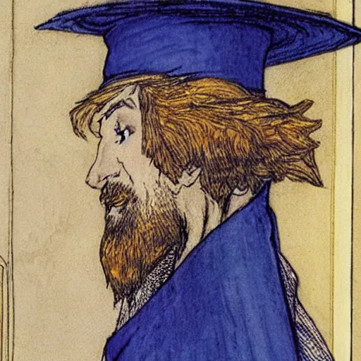 Prompt: A young wizard with blonde hair and blond beard wearing a lustrous blue robe and a tall hat, illustration by Arthur Rackham