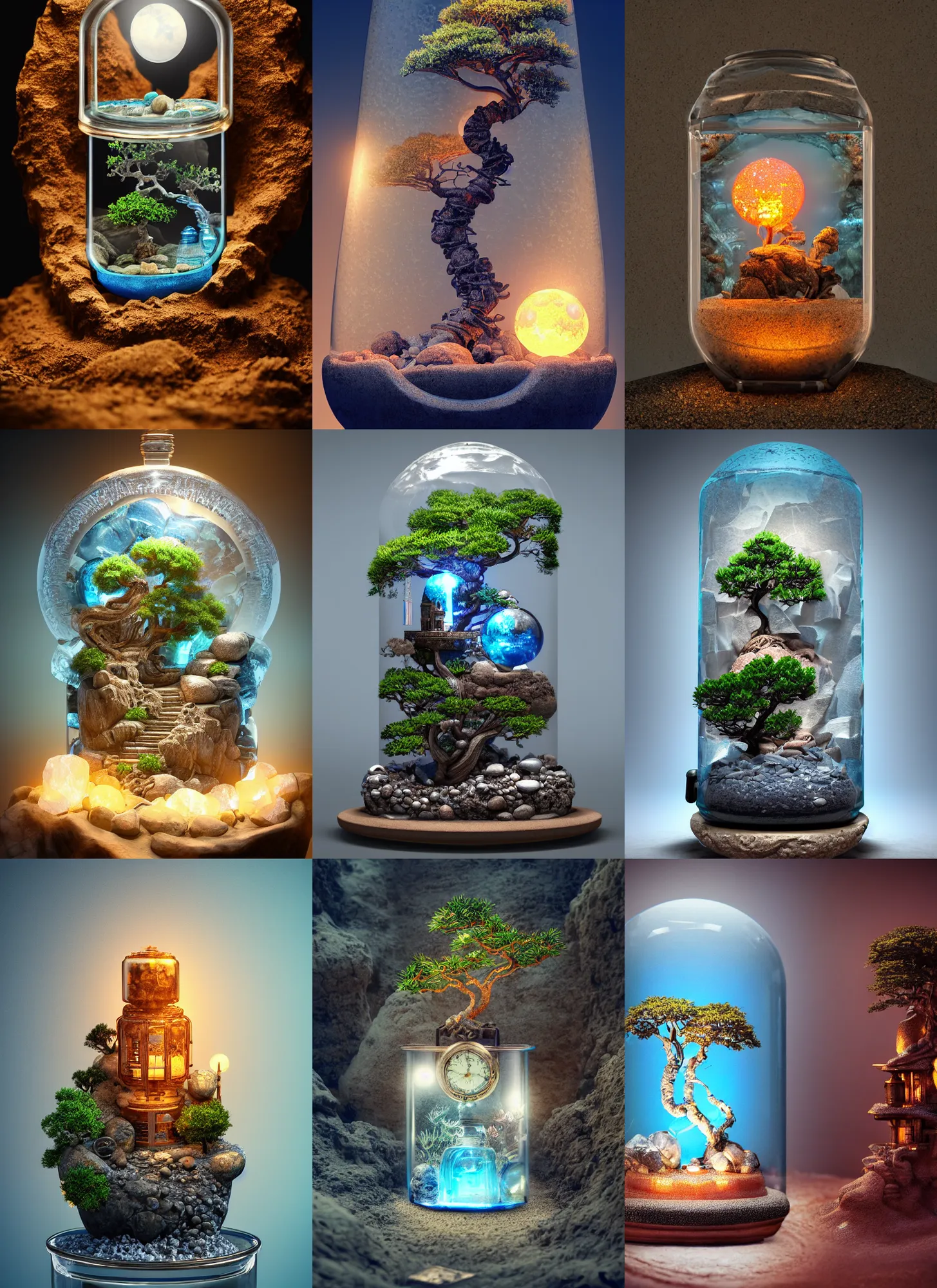 Prompt: steampunk himalayan rocksalt lamp blue bonsai tree waterfall inside a glass jar buried in sand, intricate detail, hyper detailed, ultra realistic, sharp focus, octane render, lantern, volumetric, ray tracing, artstation trending, moon, pocketwatch, cgsociety, sense of awe, mystical, moon, 4 k