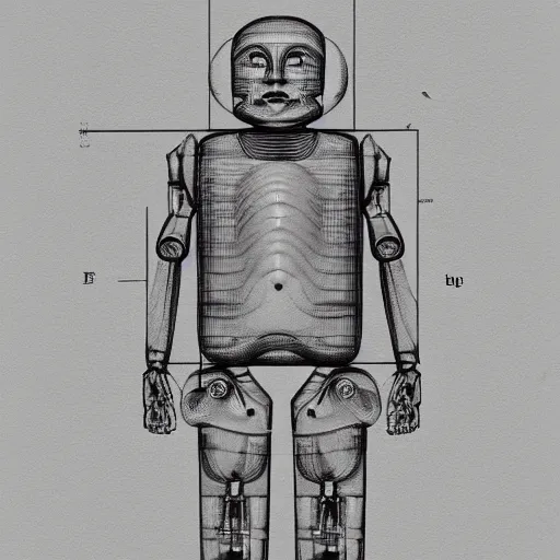 Prompt: technical drawing of ancient womanized humanoid robot, symmetrical, anatomically correct, old historical photo, ancient paper, photorealistic