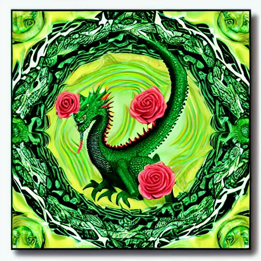 Image similar to rhaegal, green dragon, surrounded by roses in fractal patterns