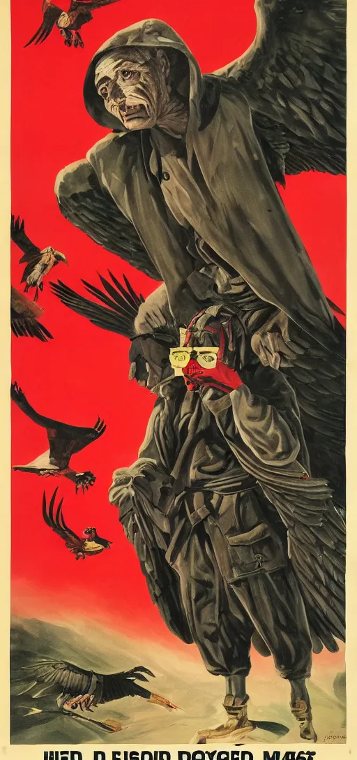 Image similar to mistery man in hood and red eyes with a dager, and a vulture, 1940s propaganda poster, full hd,highly detailed