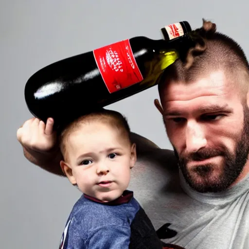Image similar to ESPN photo of Tall male Wrestler with stubble drinking a bottle of wine, while holding a small child in a choke hold