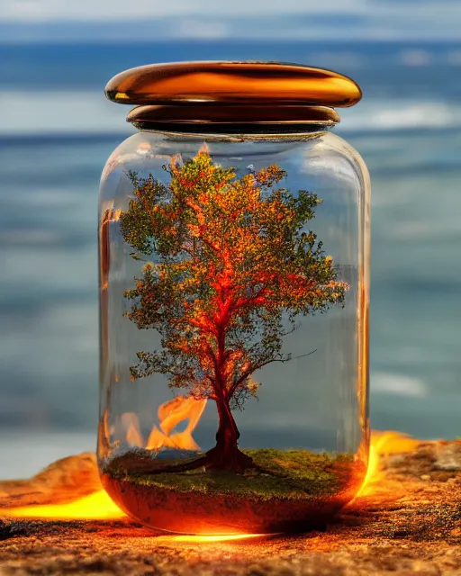 Prompt: glass jar with a flaming tree, standing on a cliff, bokeh, ocean in the background, metal lid, dramatic lighting, hyperrealistic, highly detailed, sharp focus