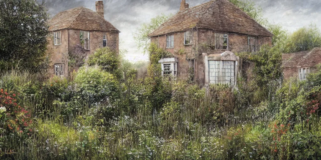 Prompt: A detailed painting of an abandoned building house garden. Shrubs. Graffiti. Set in an English countryside landscape. by Lee madgwick