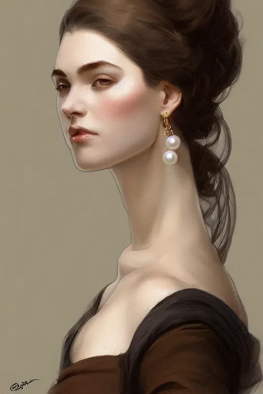 Prompt: pearl with a girl earring, intricate, elegant, highly detailed, digital painting, artstation, concept art, smooth, sharp focus, illustration, art by artgerm and greg rutkowski and alphonse mucha