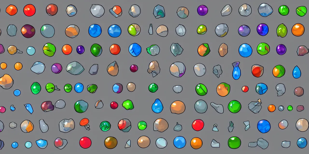 Prompt: game asset sheet, 2 d sprite, animated glass marbles with items inside them material study