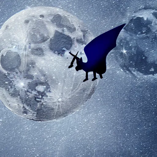 Image similar to A lonely dark-blue unicorn with wings sits on the moon's surface, sitting in the moon dust crying