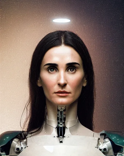 Image similar to centered portrait of soulful young demi moore as a solarpunk mecha humanoid robotic parts with bright led lights, real human face, pudica gesture bouguereau style, in white room, ultra - realistic and intricate, soft portrait shot 8 k