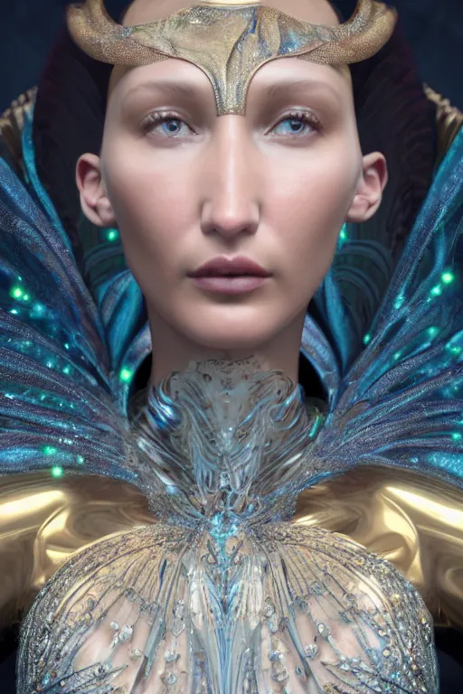 Image similar to a highly detailed metahuman 4 k close up render of an alien goddess bella hadid as venus in iris van herpen dress schiaparelli in diamonds swarovski and jewelry in style of alphonse mucha gustav klimt trending on artstation made in unreal engine 4