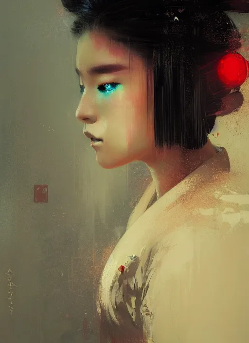 Image similar to female geisha girl, beautiful face, neon, rule of thirds, intricate outfit, spotlight, by greg rutkowski, by jeremy mann, digital painting