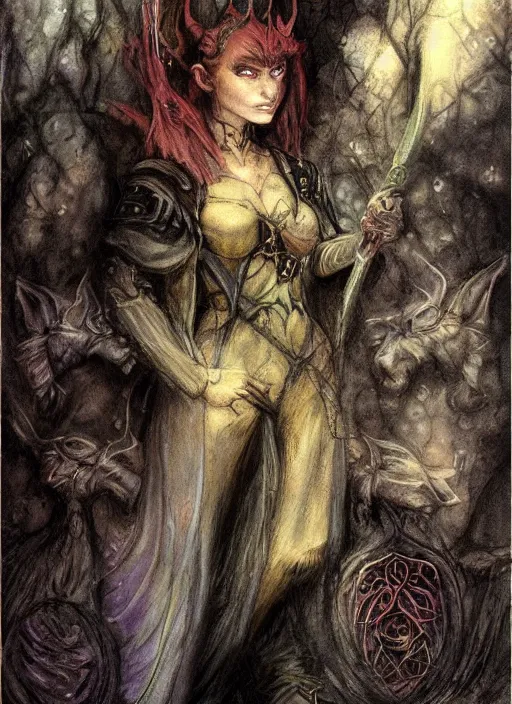 Image similar to portrait of young female sorceress of doom, beautiful! coherent! dungeons and dragons character, by brian froud, strong line, night color, high contrast